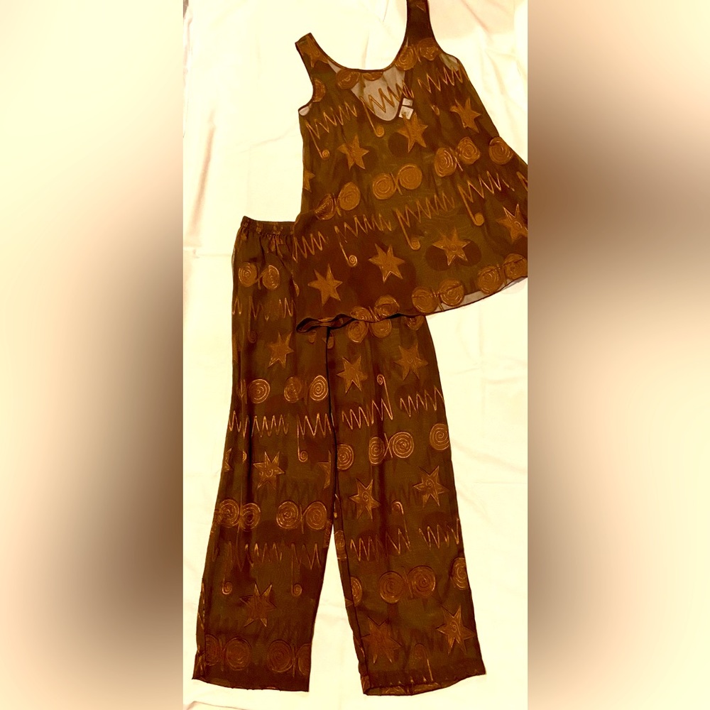NWOT Victoria's Secret top & pants Sheer Brown & Copper Metallic Jacquard Stars
